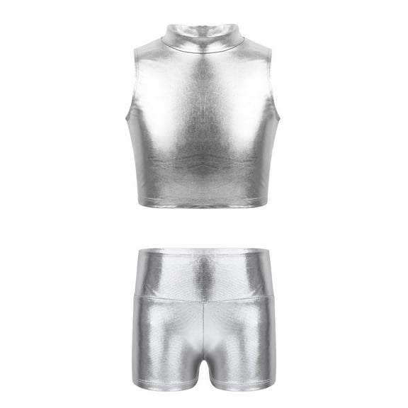 JanJean Kids Girls 2 Piece Dance Outfits Shiny Crop Top Sports Bra with Shorts Set Gymnastics Leotard Silver 6