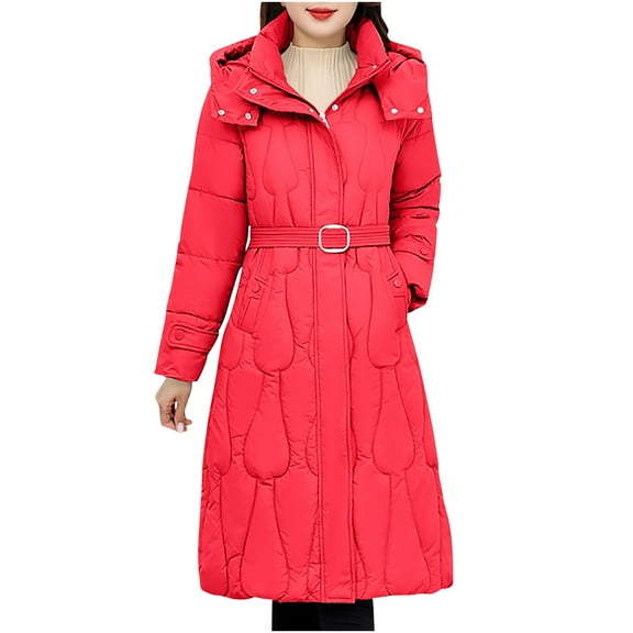 XPMWRP Women's Quilted Hooded Thick Jacket Loose Solid Color Long Sleeve Trendy Coat Belted Winter Warm Casual Coat Red XXXL