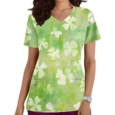 ZZwxWA Women St Patricks Day Scrubs Tops Short Sleeve V-Neck Funny Shamrock Irish Pocketed Nurse Working Uniforms