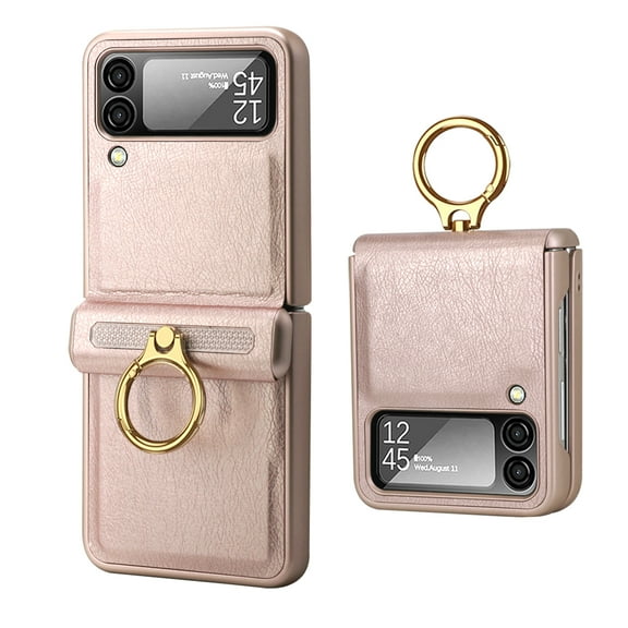 ELEHOLD Slim Leather Case for Samsung Galaxy Z Flip 4,Camera Lens Protection Built-in Ring Holder Anti-Slip Anti-Fingerprint Shockproof Case for Samsung Z Flip 4,Gold