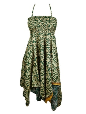 Mogul Womens Bohemian Halter Dress Handkerchief Hem Two Layer Printed Summer Fashion Gypsy Hippie Chic Resort Dresses