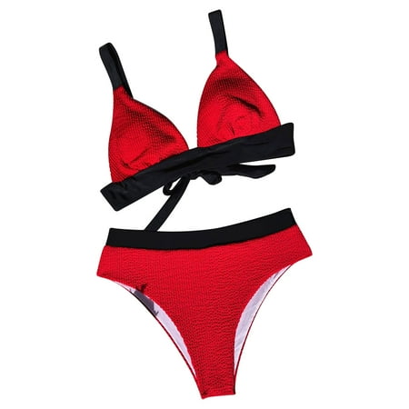 Arnsht Women s Backless Bra Pads Without Steel Support Ribbed Two Piece Deep V Neck Bikini Swimsuit High Leg Cheeky Bottom Bathing Suit Red L