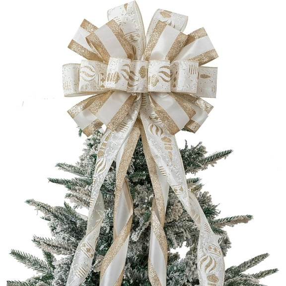 Christmas Tree Topper, 40x13 Inches Toppers Bow with Glitter Satin Mesh Streamer and Patterned Ribbon, Christmas Tree Topper Bow for Christmas Home Decoration (White Golden)