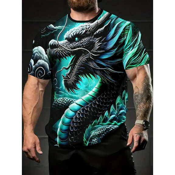 Men's 3D Blue Dragon Print T-Shirt - Vibrant Short Sleeve Crew Neck Lightweight Polyester Summer Casual Outdoor Wear