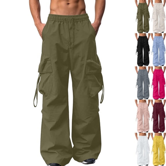 Mens Baggy Cargo Pants Lightweight Wide Leg Parachute Pants Elastic Waist Drawstring for Streetwear Fall Casual Skateboard Wear, Army Green, L