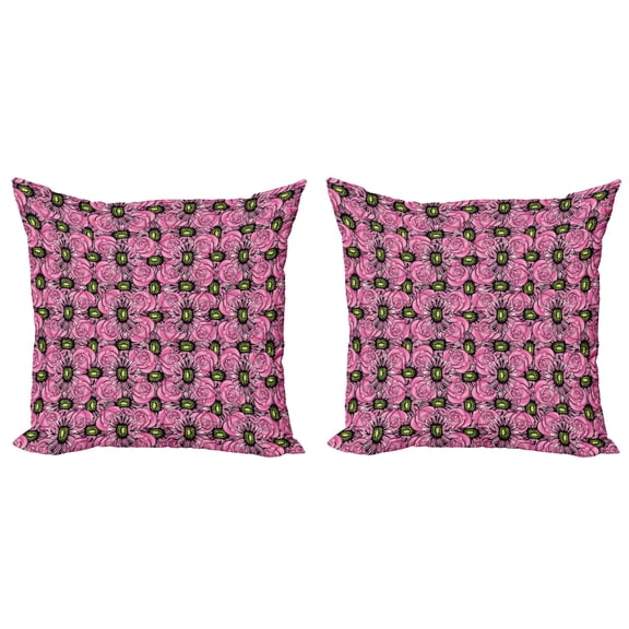 Ambesonne Garden Art Throw Pillow Cover 2 Pack, Roses and Gerbera, 18", Pink Pale Green