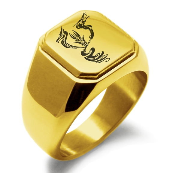 Stainless Steel Menacing Hydra Engraved Square Flat Top Biker Style Polished Ring