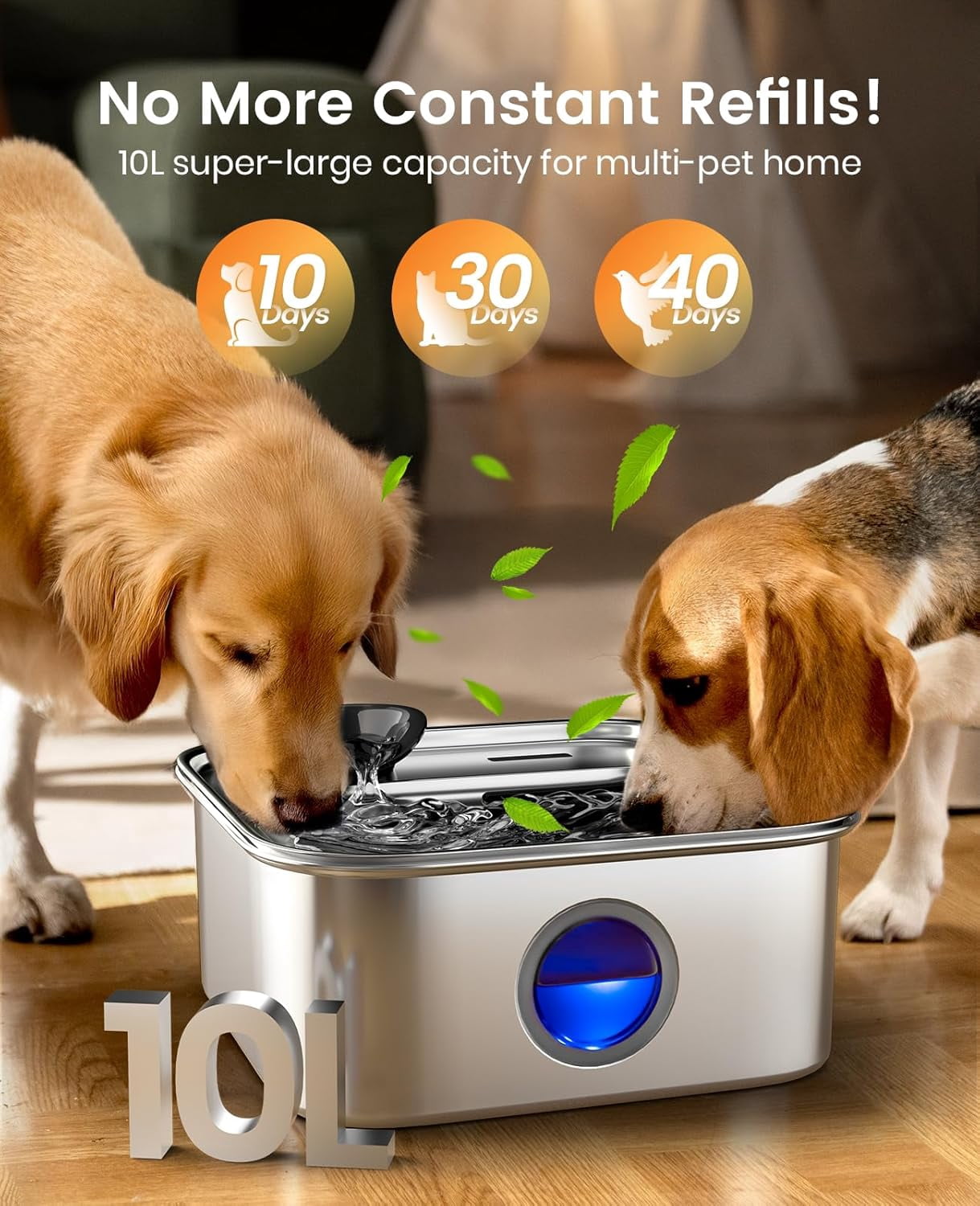 Stainless Steel Automatic Pet Water Fountain, 10L/2.6Gal Large Capacity with Wide Drinking Area, Water Level Window & Triple Filtration System for Multiple Dogs