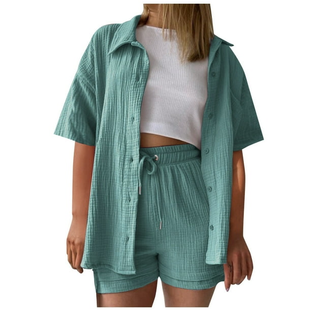 Conjunto de 2 piezas para mujer con camiseta de manga corta lisa y pantalones cortos: conjunto informal para el verano, tejido fácil de cuidar