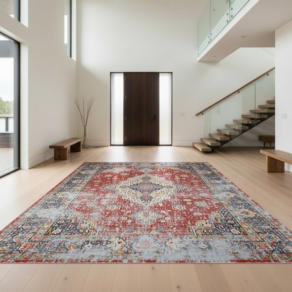 Design&I 8'x10' Washable Area Rug Boho Throw Vintage Scroll Border Ru Door Felpudo Entryway Scatter for Dining Room, Large Office, Lounge, Snag-Free