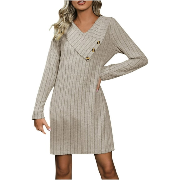 Maean Women's Sweater Dress Button V Neck Long Sleeve Knitted Pullover Fall Winter Elegant Office Work Dresses