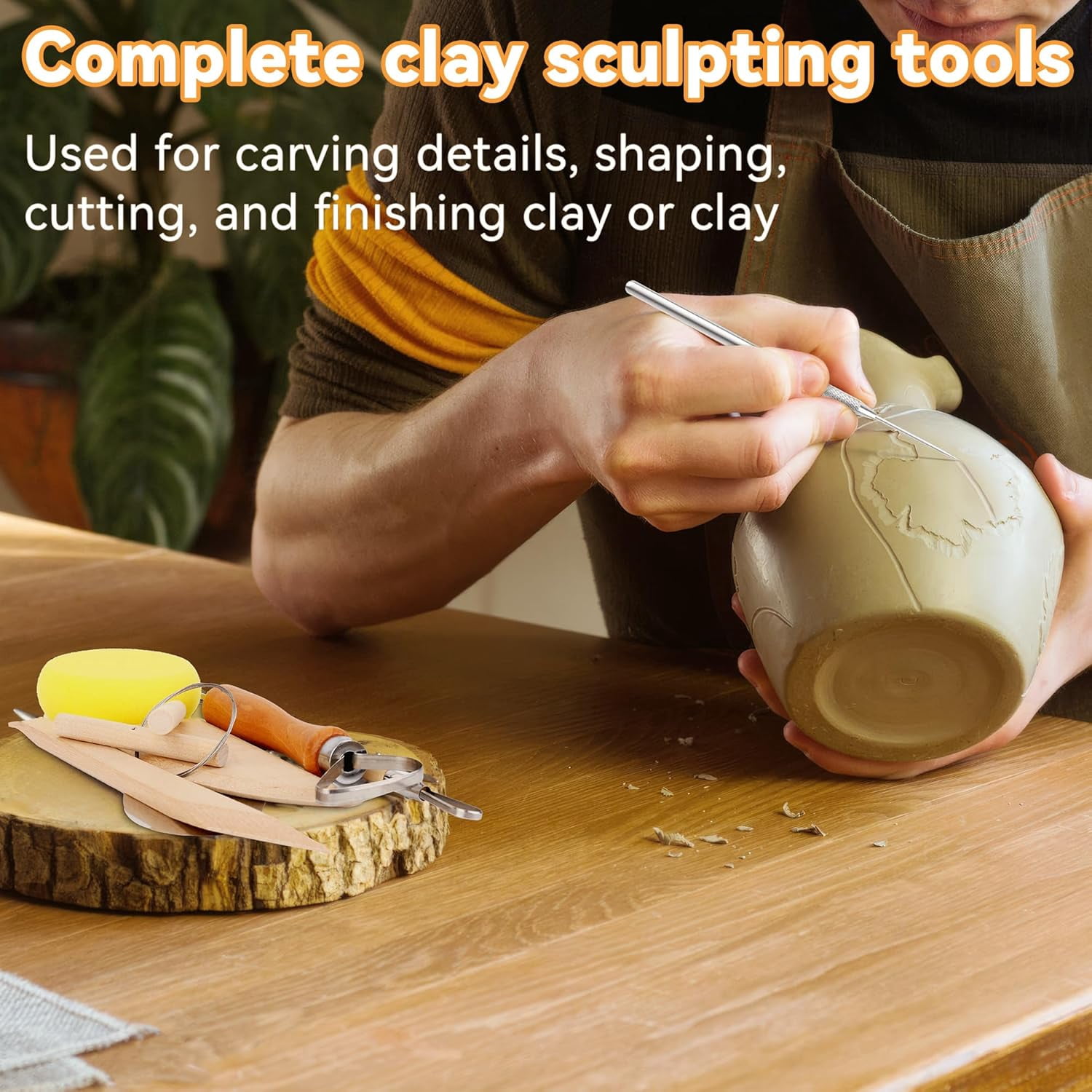 20Pcs Pottery Tools Kit for Adults, with 1 Wooden Rolling Pin, 10 Pottery Rolling Mud Sticks, 8 Clay Sculpting Tools and 1 Premium Linen for Ceramic, Polymer Clay & Beginners