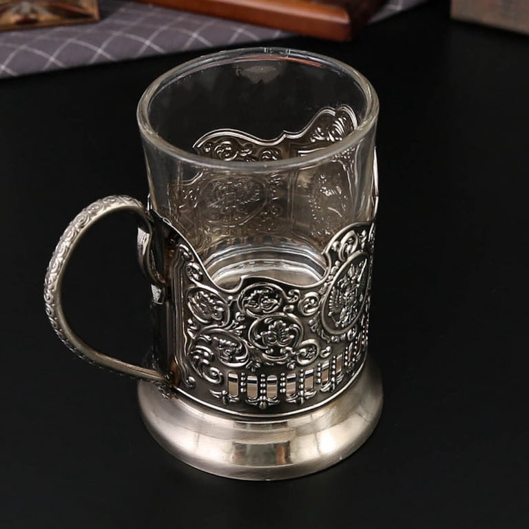 1 Russian Cut Crystal Tea Glass + 1 Metal Glass Holders Russian Podstakannik for Hot or Cold Liquid for Women Men, Size: One size