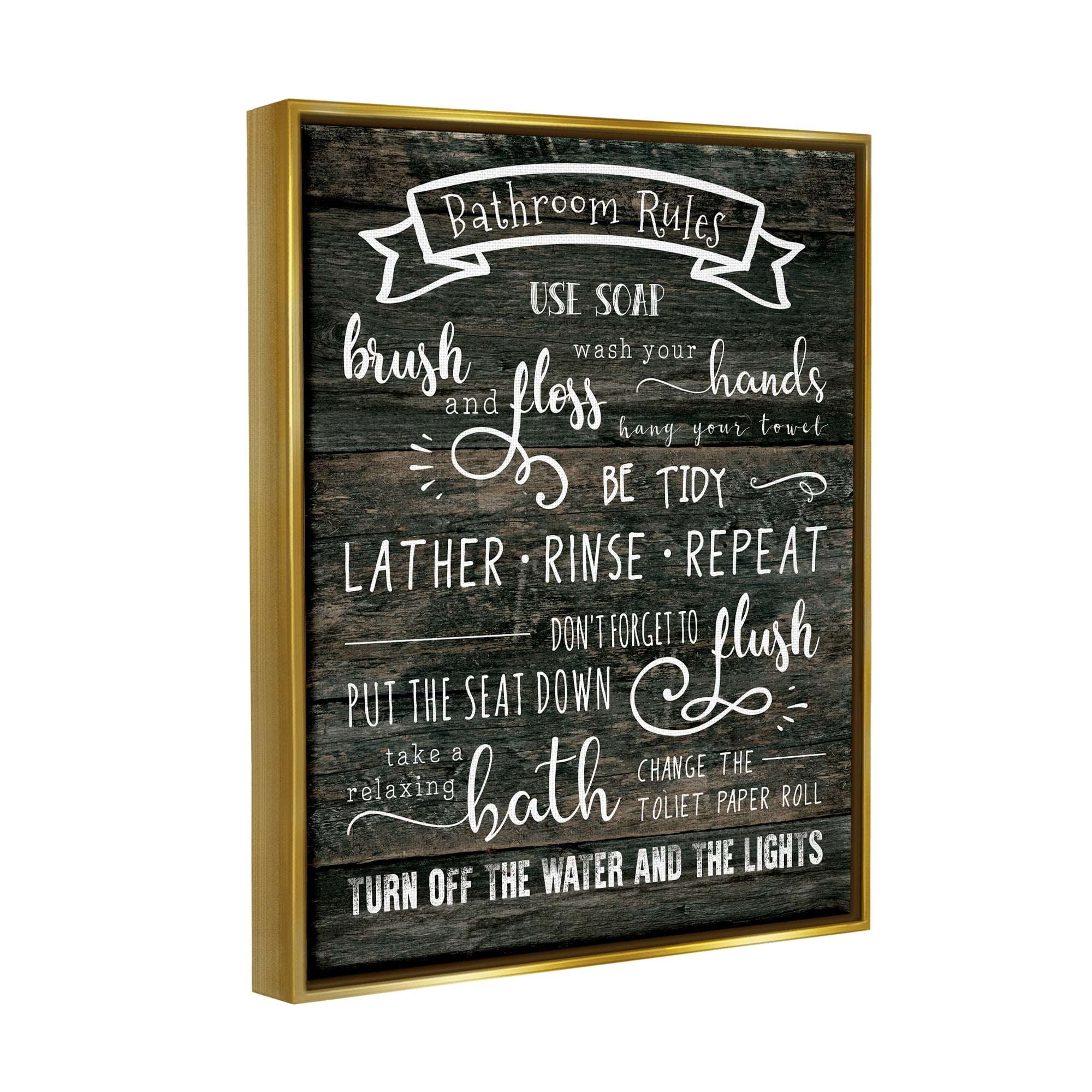 Stupell Industries Rustic Bathroom Rules Sign Good Hygiene List Metallic Gold Framed Floating Canvas Wall Art, 16x20, by CAD