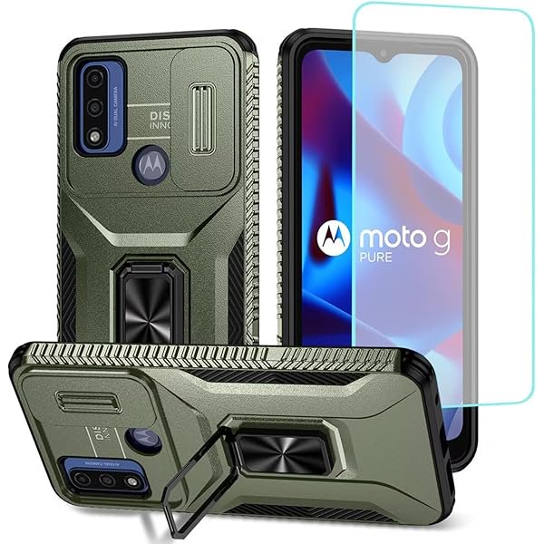 wonima11 Case for Moto G Pure 2021/G Power 2022/G Play 2023 XT2271 with Tempered Glass Screen Protector and Slide Camera Cover, Rotated Ring Car Mount Holder Cover for Motorola Moto G Play 2023 Green