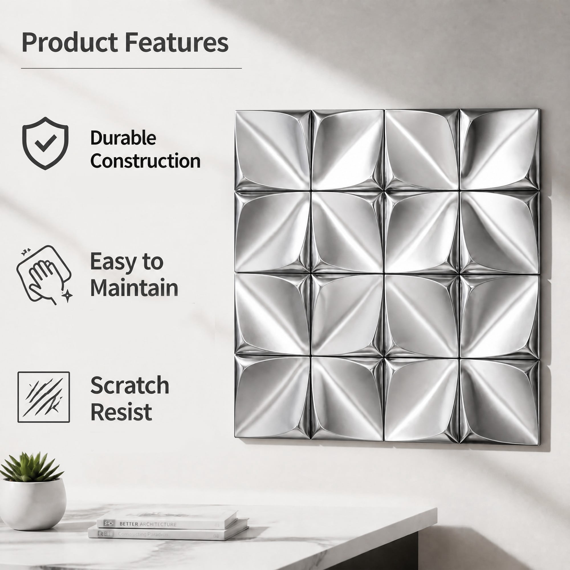 Easy4Home 5Pcs 12"x12" Metal Wall Panels Morden Mosaic Tiles for Interior Wall Decor, Silver