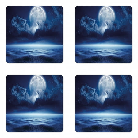 

Moon Coaster Set of 4 Full Moon with Calm Sea and Clouds Nature Image Design Cold Winter Night Sky Square Hardboard Gloss Coasters Standard Size Navy Blue White by Ambesonne
