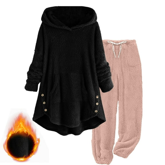 FNFYFH Womens Plus Size Fleece Pajamas Sets 2 Piece Sherpa Pajama Long Sleeve Softies Loungewear Set Fuzzy Flannel For Women Hooded