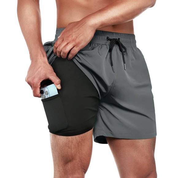 BRISIRA Bañador para hombre, pantalones cortos de playa de secado rápido, entrepierna de 5 pulgadas, con forro de compresión y bolsillo con cremallera, color gris