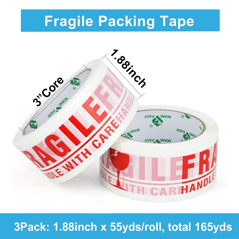 BOMEI PACK Fragile Packing Tape - 3" X 450 Ft Reinforced Kraft Paper, Water Activated, With "Handle With Care" Print
