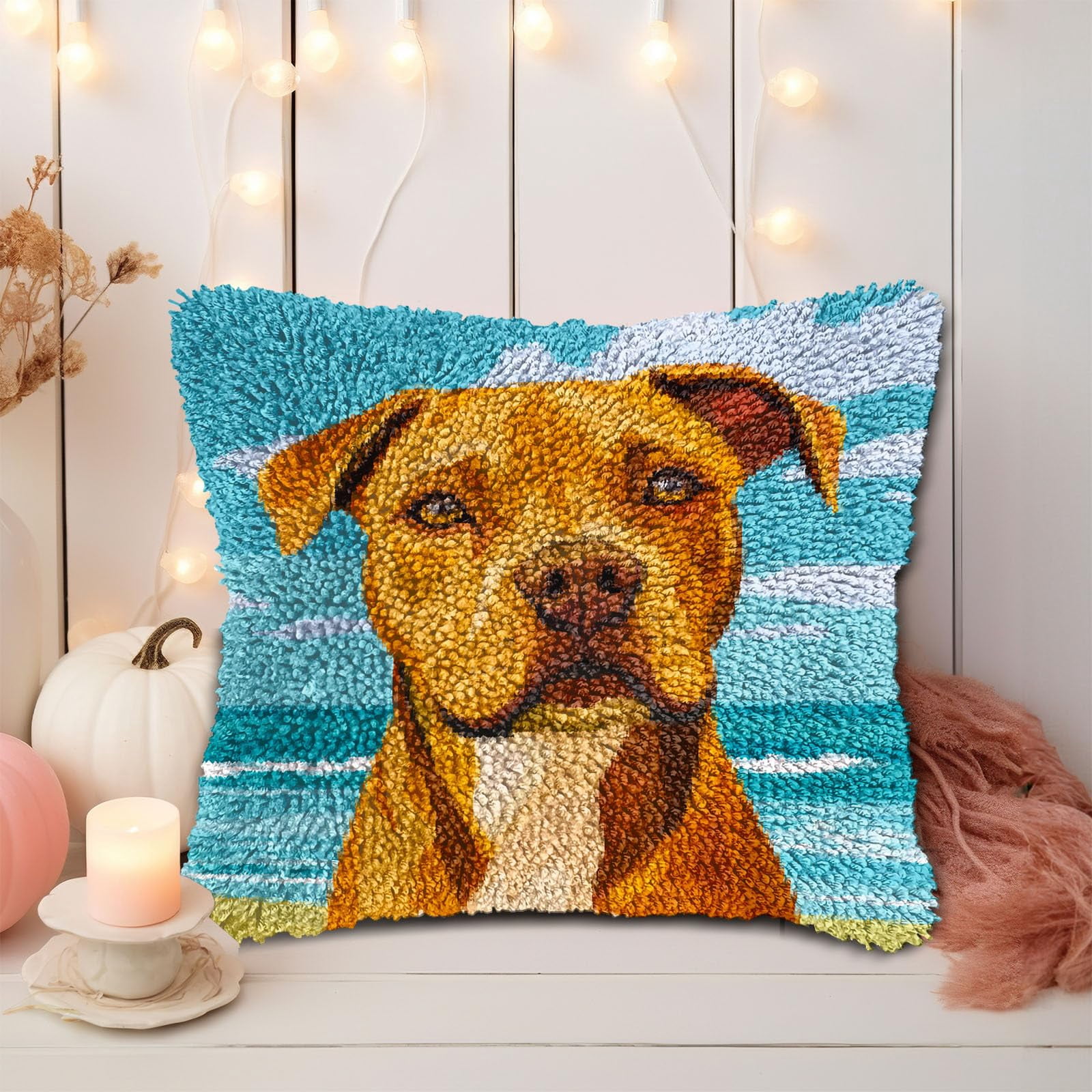 DIY Latch Hook Pillow Kits for Adults Cartoon Pitbull Dog Printed Pillowcase Crochet Yarns Hooking Handmade Pillow Cover Cushion for Home Sofa Decoration 17x17inch-3