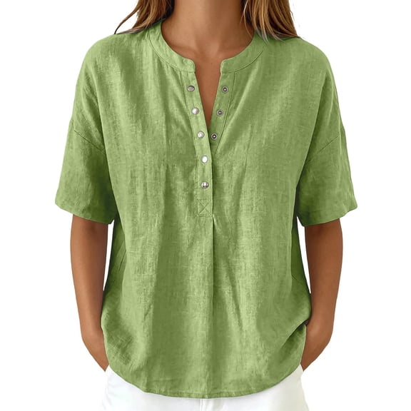 Daznico Women's Henley V Notch Neck Linen Blend Blouse Short Sleeve Casual Summer Loose Fit Solid Tops,S