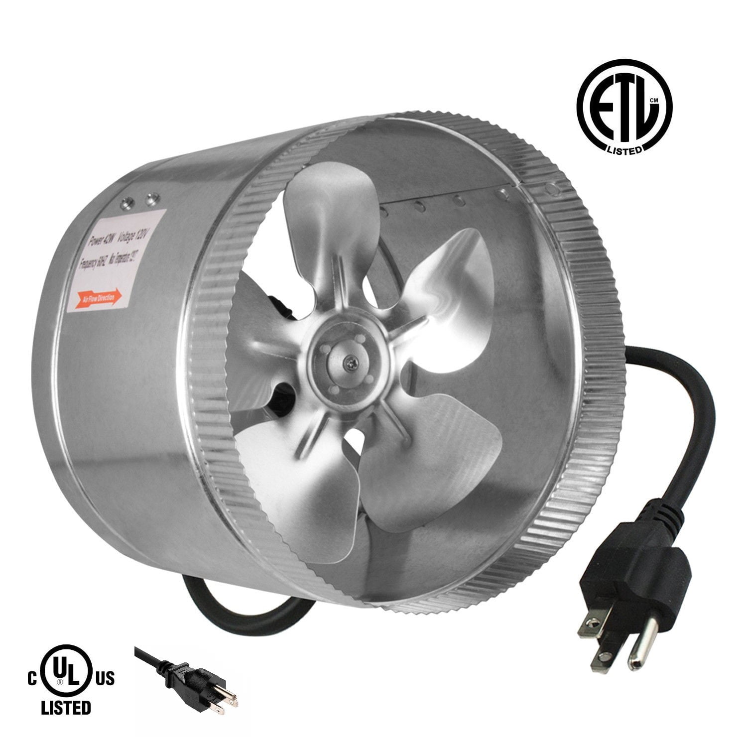 iPower 8'' 420 CFM Booster Fan Inline Duct Vent Blower for HVAC Exhaust and  Intake 5.5' Grounded Power Cord - Walmart.com