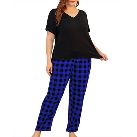 

Women s 2-Piece T-Shirt + Plaid Printed Trousers Loose Plus Size Casual Pajamas Suit