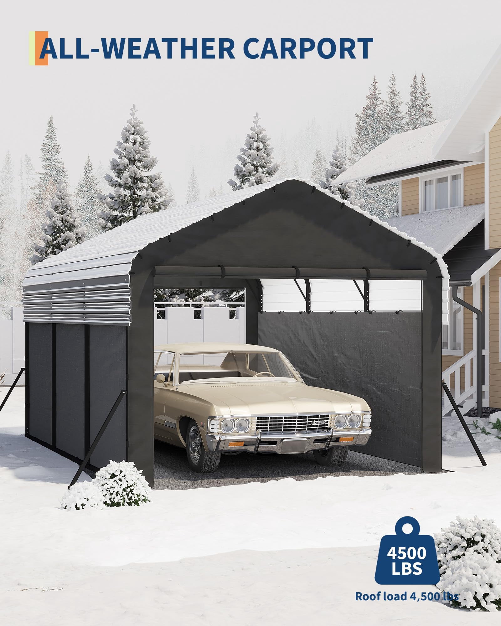 10'X15'X9' Metal Carport, Enclosed Car Ports with Heavy Duty Steel Frame and 220 g Tarp, All-Weather Carport, for Sedans, Boats, and Tractors