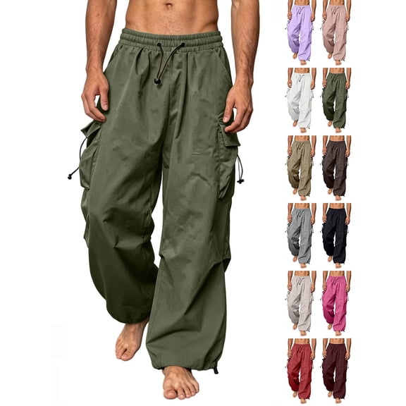 Hzzrkos Men's Cargo Pants Casual Drawstring Wide Leg Trousers Multi Pocket Utility Pants Loose Fit Outdoor Hiking Travel Workwear Streetwear Lightweight Everyday Jogger Pants Army Green XXL