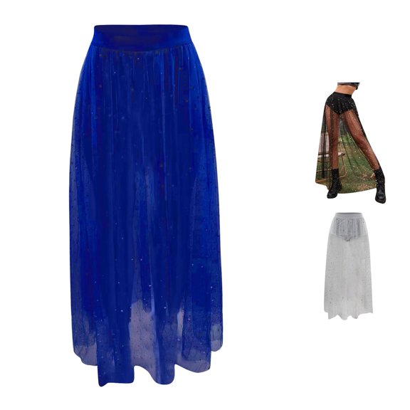 XIAONU Women's Star-Sequined Maxi Skirt Sheer Summer Festival Long Skirt