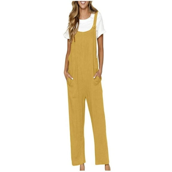 ShomPort Casual Button Suspender Overalls with Pockets for Women Summer Comfort Cotton Linen Jumpsuits