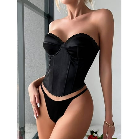 Women Corset and Thong Set Black Corset Sexy Bustier Corset Top Lingerie Waist Cincher Shaper Boned Bustier Top and Seamless Panty