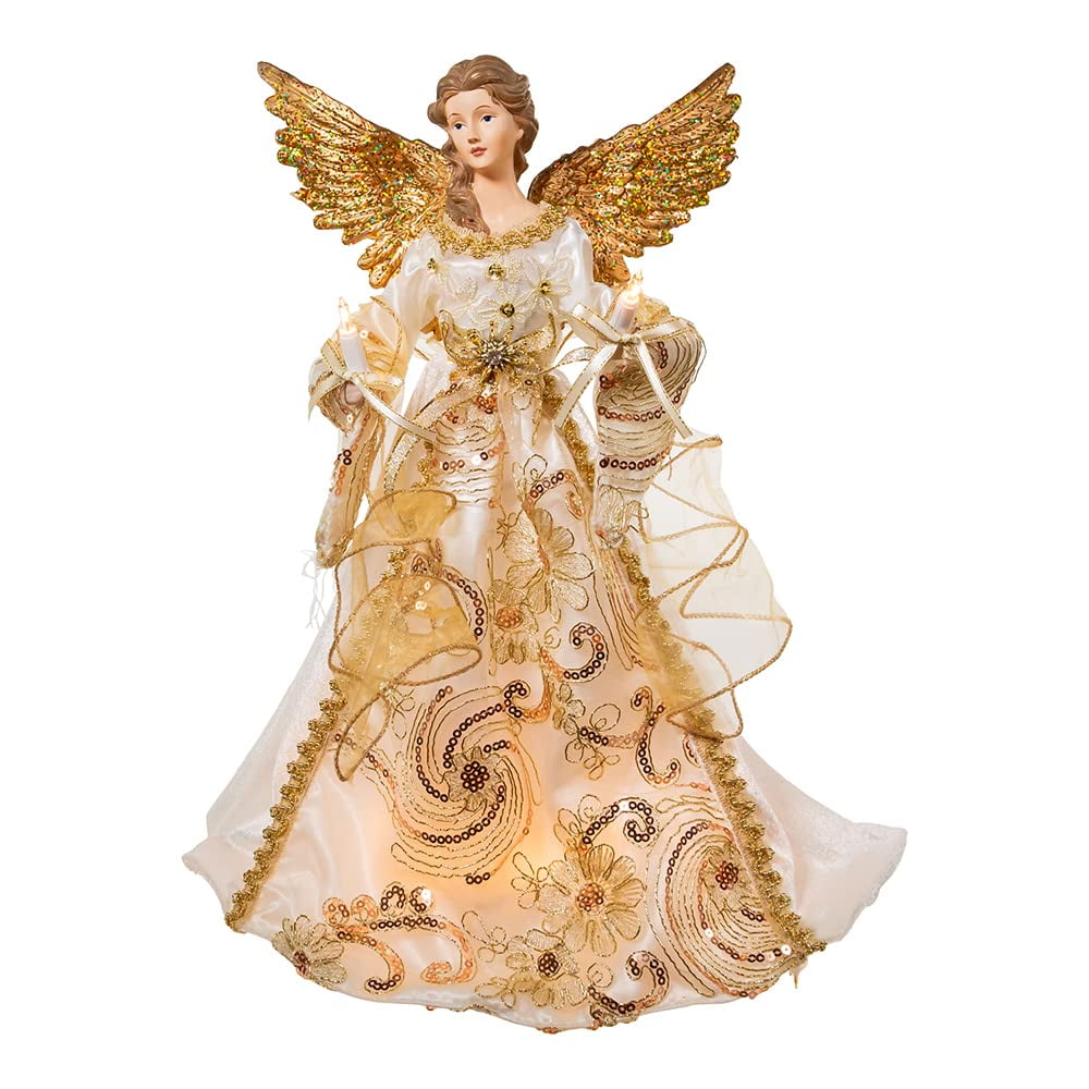 Kurt Adler 14" Fiber Optic Angel Tree Topper - Ivory & Gold, LED-Animated With Feather Wings