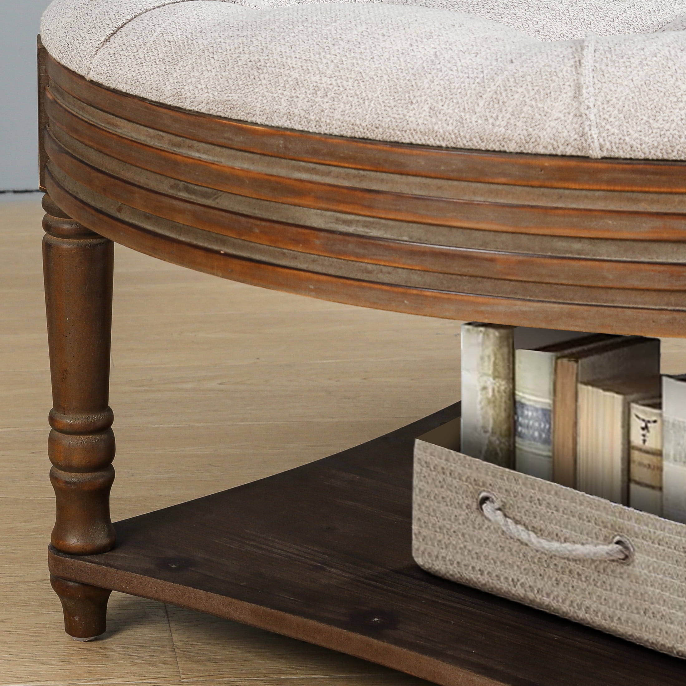 Noble House Large Round Tufted Ottoman Coffee Table with Wooden Storage Shelf, Waterproof Farmhouse Upholstered Footstool,Light Gray