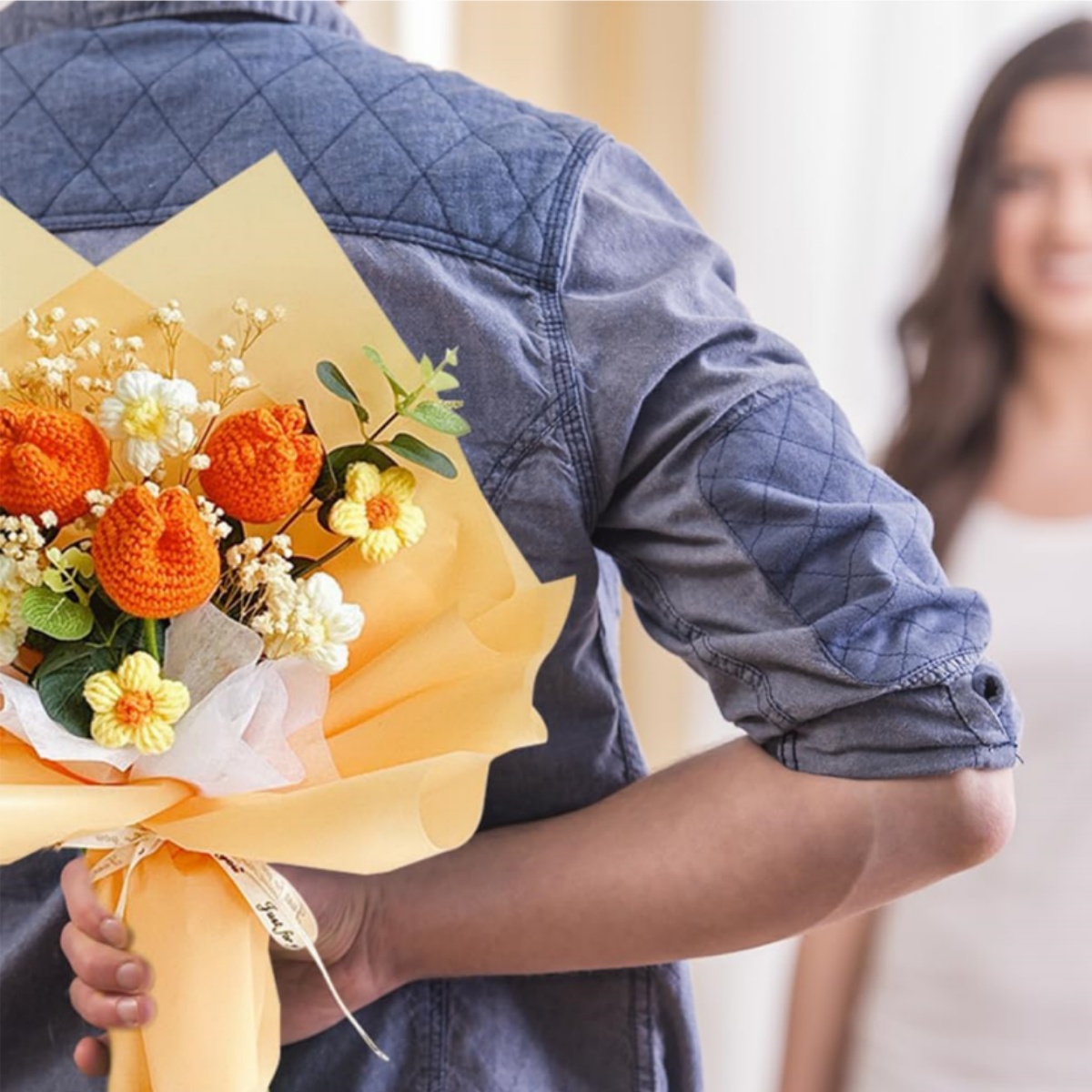 Crochet Flowers Bouquet, Kvago 13.78in Completed Handmade Knitted Flowers, Artificial Flower Knitted Tulips Bouquet for Festival Wedding Graduation Anniversary Mother's Day Women Gift (Orange)