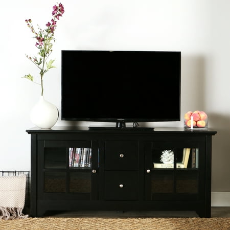 52" Transitional Wood Glass Media TV Stand Storage Console ...