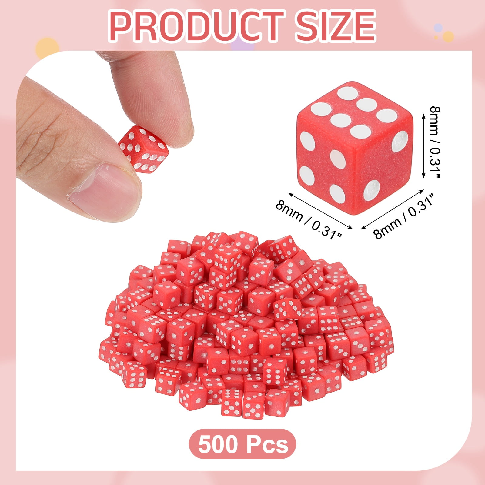 500Pack Mini Dice, 8mm/0.31" Acrylic Tiny Six Side Game Dot Square Dice Bulk for Table Board Game Party Activities, Red/White