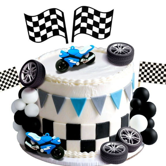 Racing Theme Birthday Cake Decoration Set - Blue & Black & White Colours Create A Lucky Atmosphere At The Party Scene