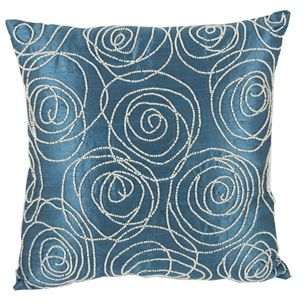 A&B Home Poly Silk Faux Pearl Embellished Throw Pillow, Blue, 18 by 18