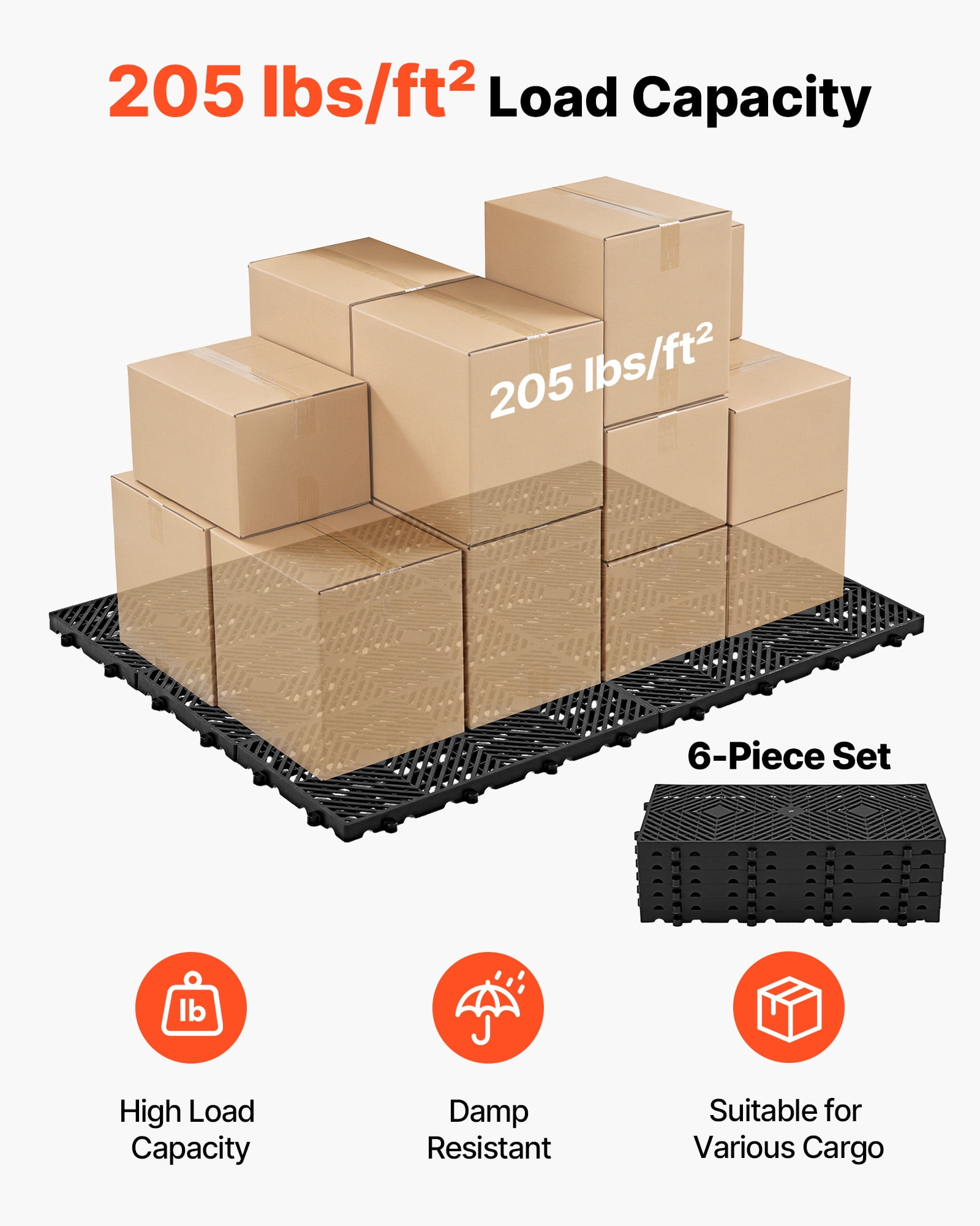 VEVOR Plastic Pallets, 6 Pcs Plastic Pallets for Basement Storage, Nestable Lightweight Waterproof Storage Pad with Breathable Grid for Indoor Outdoor Supermarket Warehouse, 23.6"x11.8"x1.2", Black