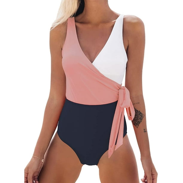 Women's One Piece Swimsuit Wrap Color Block Tie Side Bathing Suit, Color  Matching L 