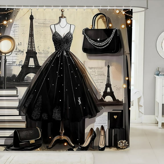Fashion Dress Shower Curtain Fashion Girly Black Dress Bath Curtain Eiffel Tower Paris Style Bathroom Decor Romantic Makeup Themed Waterproof Curtain Women Perfume Print Curtain,72" W x 72" L