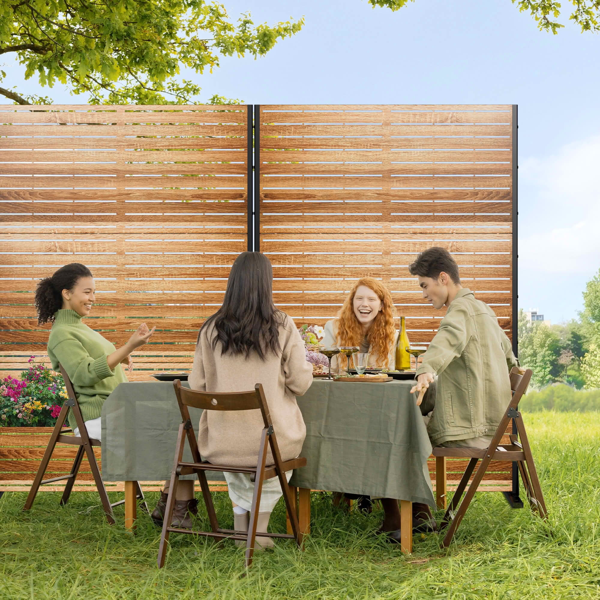 MAYEERTY 72x47x16 Inch Natural Wood Grain Louvered Galvanized Steel Privacy Screen, 6 Piece Set for Outdoor Patio