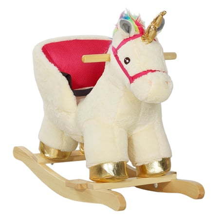 Qaba Kids Rocking Horse, Ride on Unicorn with Realistic Sounds, Safety Belt & Wooden Base, Plush Animal Rocker for Toddlers 18-36 Months, Cream White