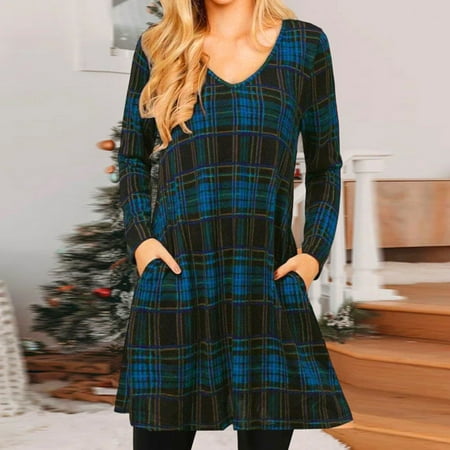 

Aueoeo Plus Size Cocktail Dresses for Women Cute Winter Outfits for Women Fashion Women Causal Pocket Lattice V-Neck Long Sleeve Autumn Dress