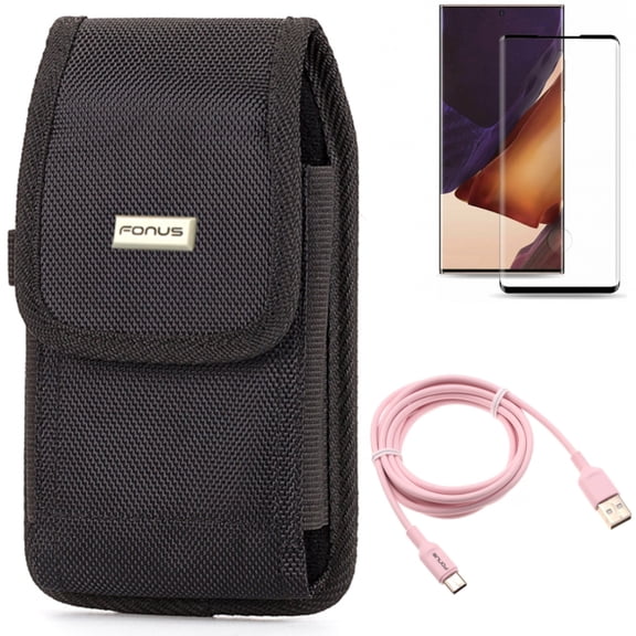 Case Belt Clip & Screen Protector & 6ft USB-C Cable for Samsung Galaxy Note 20 Ultra (6.9") - Combo with Rugged Holster & Tempered Glass (Fingerprint Unlock) & Pink Charger Cord