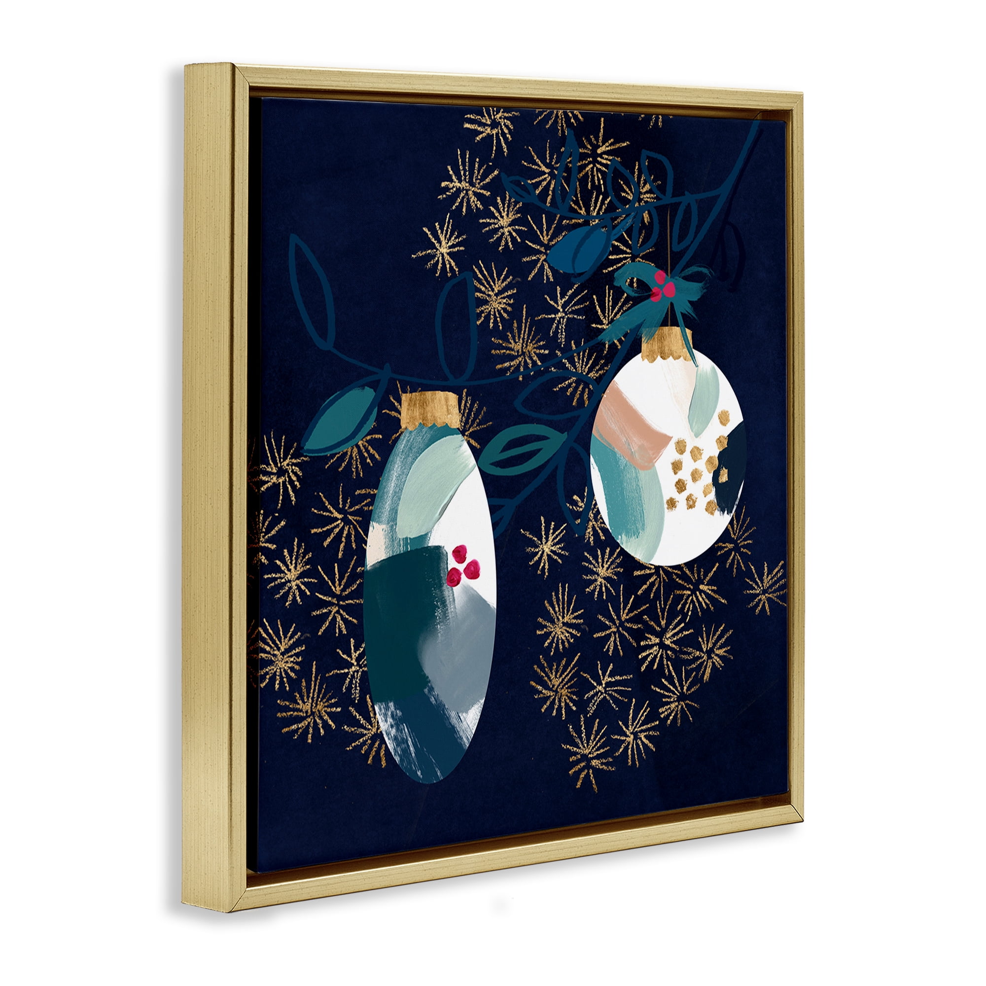 Stupell Industries Blue Patterned Ornaments Holiday Painting Gold Floater Framed Art Print Wall Art, 18 x 18