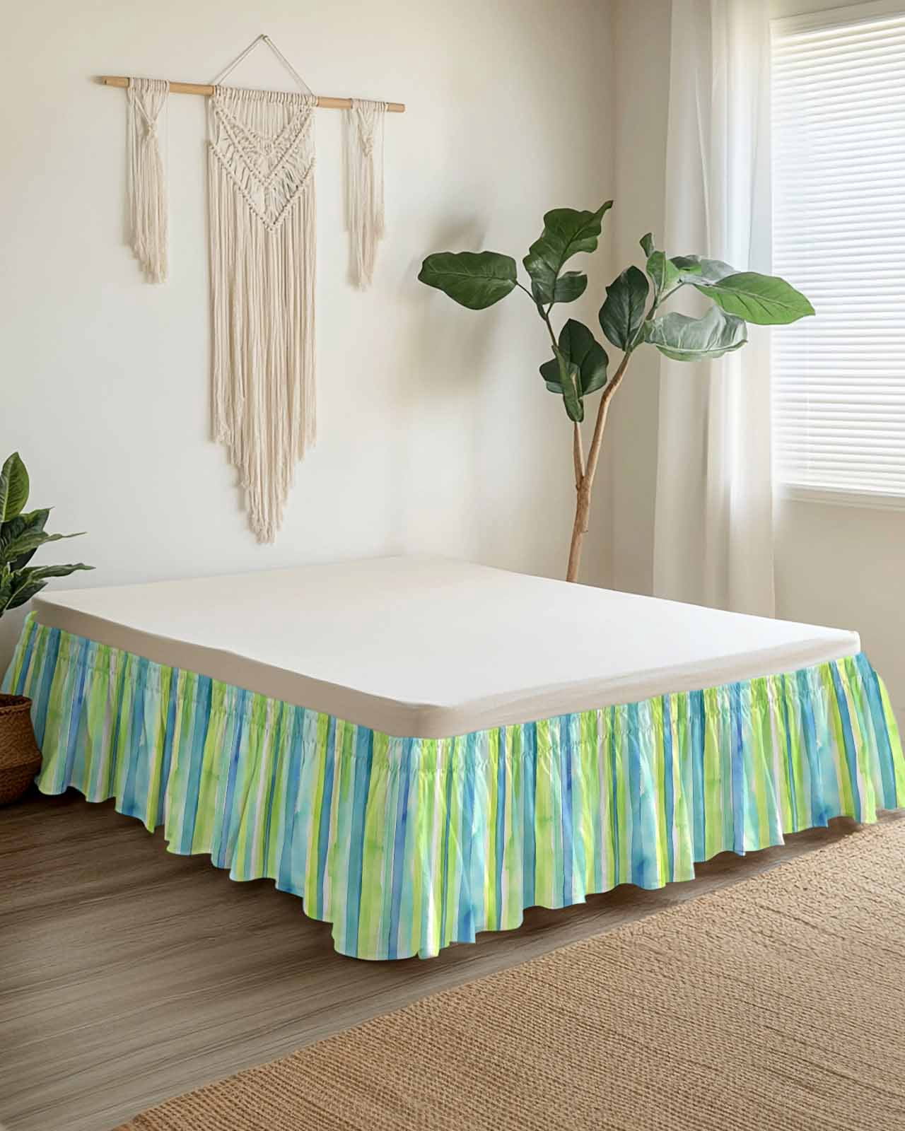 Green Yellow Striped Bed Skirt Queen Size 18" Drop Abstract Art Watercolor Ombre Ruffled Wrap Around Bed Skirts Adjustable Elastic Bedskirt Dust Ruffle for Queen Size Bed