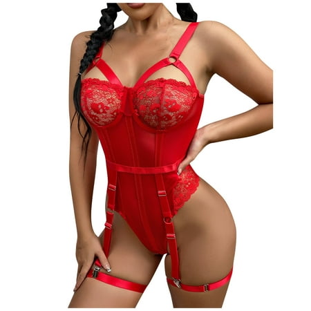 

KDDYLITQ Women s Babydoll with Garter Belt Strappy Bodysuit Lace Sexy Lingerie One Piece Teddy Red XL